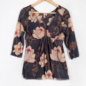Sweet Pea Stacy Frati Top Blouse Womens Large Gray Lotus Flower Indie Sleaze Y2K